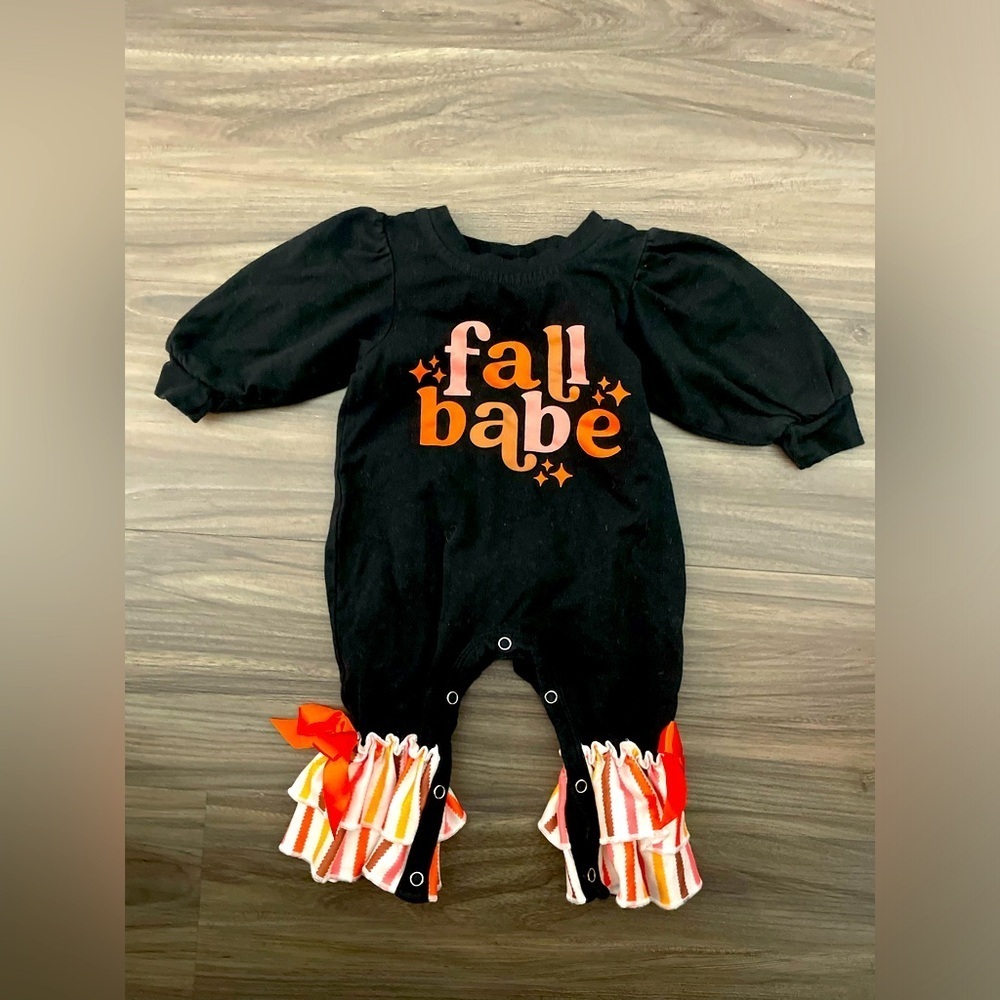 Marie Nicole “Fall Babe” Festive Black & Orange Ruffled Jumpsuit with bows 3/6M